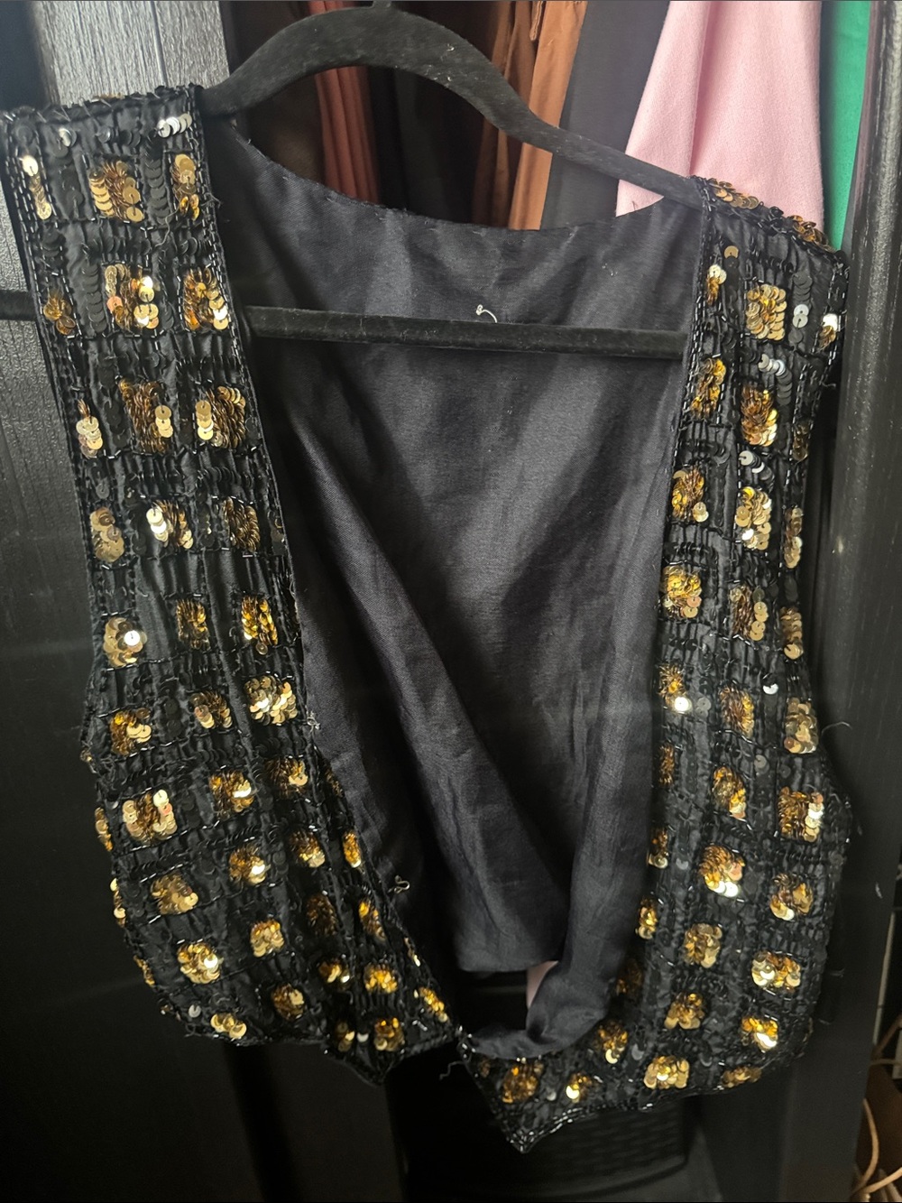 Black Sequin Cropped Vest with Gold Accents